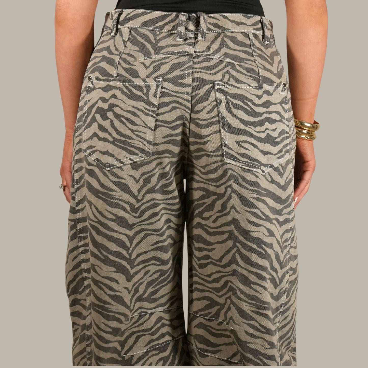 the "look twice" zebra barrel jean.